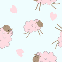 seamless pattern with pink sheep on a white background. print for baby fabric. poster for design.