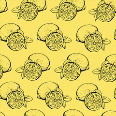 Seamless pattern with lemons, whole and sliced, isolated on a white background. Background with citrus fruits