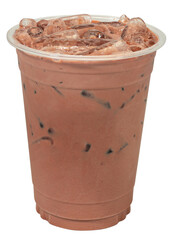 Realistic plastic cup on white background. Isolated Mock up Cold beaverage di cut with cliping path. Template block with blank space. Iced deep dark chocolate fresh milk made from premium coco.