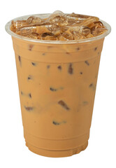Realistic plastic cup on white background. Isolated Mock up Cold beaverage di cut with cliping path. Template block with blank space. Iced fresh aroma coffee latte with cream milk  in ice cubes.