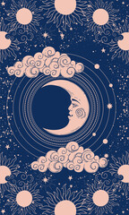 Dessin mystique pour l& 39 astrologie ou le design bohème, croissant de lune avec un visage sur fond bleu. Géométrie sacrée. Illustration vectorielle pour carte postale, affiche, couverture.