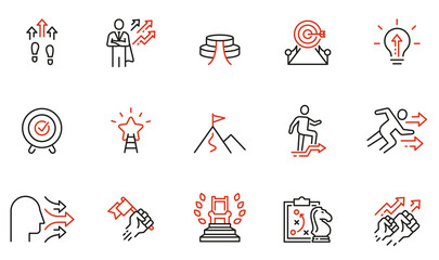 Vector set of linear icons related to assertiveness, striving for development, realization and progress. Mono line pictograms and infographics design elements