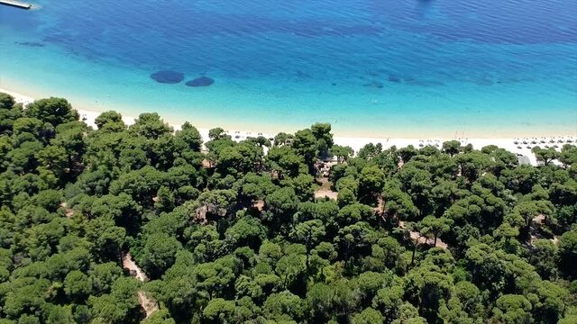 Aerial panoramic view over koukounaries beach at southern Skiathos island, Greece