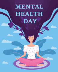 World Mental Health Day poster template. Yong woman sitting in yoga lotus pose relaxed