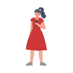 Woman Singer, Beautiful Young Woman in Red Dress Performing on Stage with Microphone Flat Style Vector Illustration