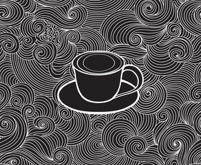 Beautiful vector seamless pattern with coffee cup and figured ornament created of wavy lines