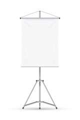 Flip chart. Isolated blank white board flipchart with empty paper sheet on tripod. Vector vertical flip chart frame. Education, business presentation, conference and seminar concept