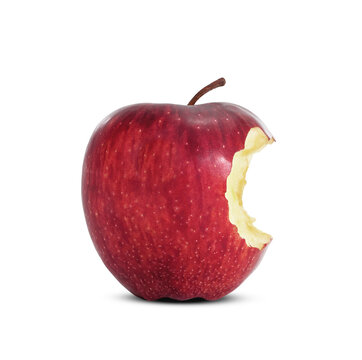 Red apple with missing a bite isolated on white background