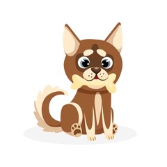 Husky puppy. Isolated playful purebred brown husky dog puppy icon. Cute cartoon doggy pet animal character sitting and holding bone in mouth