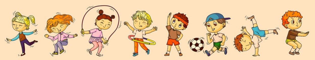 Children sports. Isolated boy and girl kid cartoon characters doing sports activity icon set. Vector happy children people group playing with football or soccer game ball, doing gymnastics collection