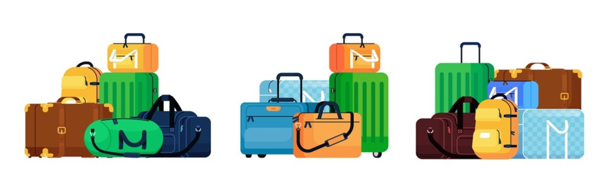 Luggage set. Isolated retro and modern travel suitcase and backpack baggage pile icon set. Vector trip and journey luggage bags transportation collection