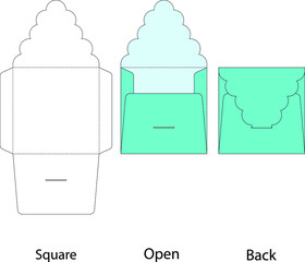Square envelope, patterned, carved. Cutting-out for laser printer, layout. Blue, turquoise, white.