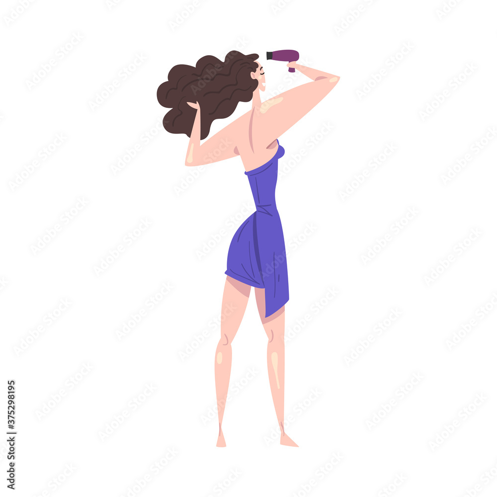 Poster back view of girl drying her hair with hairdryer, daily routine hygienic procedure cartoon vector il