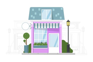 Local store. Small local store building exterior and adjacent street silhouette. Shop construction with awning vector illustration