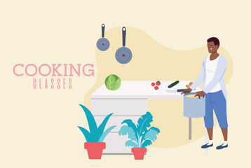 Young man cooking a delicious soup in classes