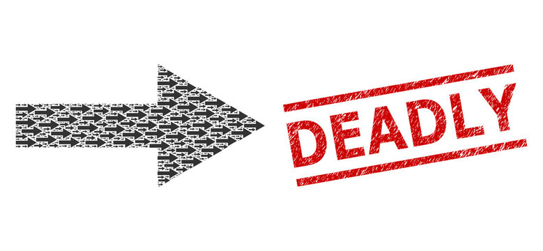 Recursive collage arrow right and Deadly corroded seal. Vector collage is made of repeating arrow right elements. Seal includes Deadly tag between parallel lines.