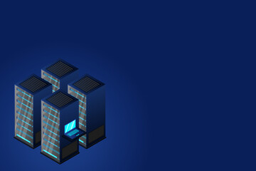 Data center or storage concept based isometric design with local servers connected to cloud servers and laptop on shiny blue background.