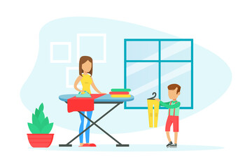 Young Woman Ironing Clothes on Ironing Board, Son Helping Her, Housekeeping Concept Flat Vector Illustration
