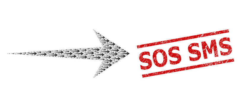Recursion collage arrow right and Sos SMS dirty stamp imitation. Vector collage is organized from recursive arrow right parts. Stamp includes Sos SMS tag between parallel lines.