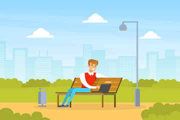 Young Man Using Laptop Computer while Sitting on Bench in Park Outdoors, Freelance, E-learning Concept Flat Vector Illustration