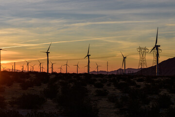 Obraz premium Silhouette of Windmills at dusk in Palm Springs, California, USA.