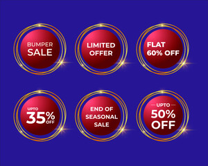 Vector illustration set of offer labels with round shiny golden frame, discount, promo sale stickers template.