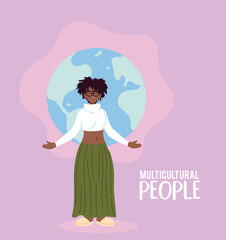 black man cartoon in front of world sphere vector design