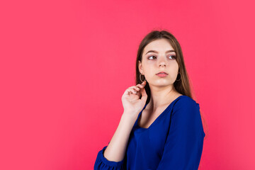 Fototapeta premium child beauty concept. happy childhood. teen girl looking trendy and stylish. fashionable teen model posing. stylish kid wear blue dress. fashion for kids. copy space