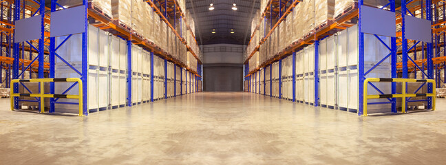 Large warehouse inventory with tall shelves cargo storage . Business and Industrial logistics,...