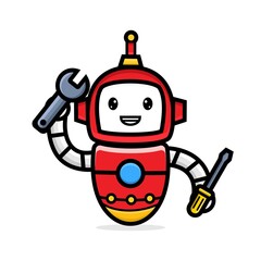 Cute characters robot holding screwdriver and wrench