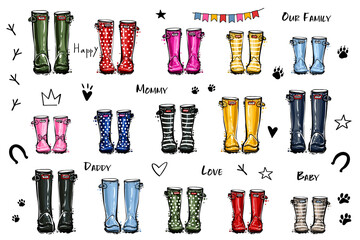 Happy home family concept. Different colors wellies collection. Rubber boots autumn fall concept. Vector illustration in watercolor style. Decoration family card on white background.