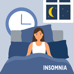 Sleepless woman suffering from insomnia. Lady with open eyes in darkness night lying on bed concept vector illustration. Woman try to sleep under blanket.
