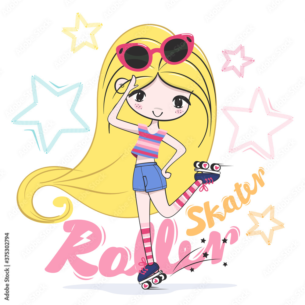 Wall mural beautiful blonde girl on roller skates with sunglasses on head isolated on white background illustra