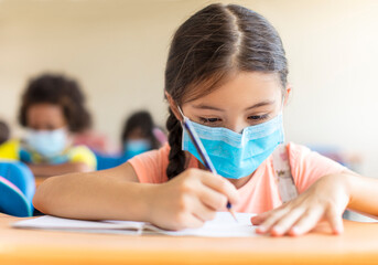 students wearing  mask and  studying in the classroom.