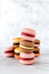 Colorful french macaron cakes of different tastes