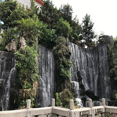 台湾の有名なお寺、龍山寺の入り口で流れる滝の風景