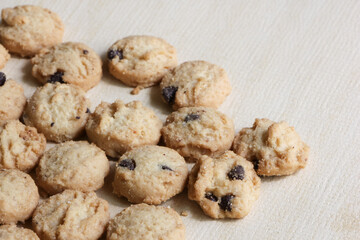 Mini Chocolate chip cookies , On wood Background