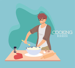 young man cook preparing a cake in cooking classes