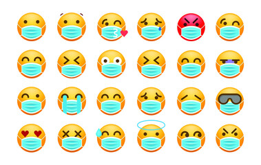 Set of Realistic Cute Emoticons with Face Mask on White Background . Isolated Vector Illustration 