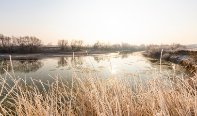 Cold winter morning on a wild river bank, with frost and fresh snow