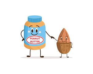 Cartoon peanut butter jar holding hands with brown nut
