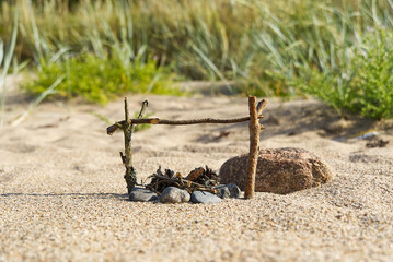 A small handmade fireplace on the sandy beach of baltic sea in summer sunny day. travel concept.