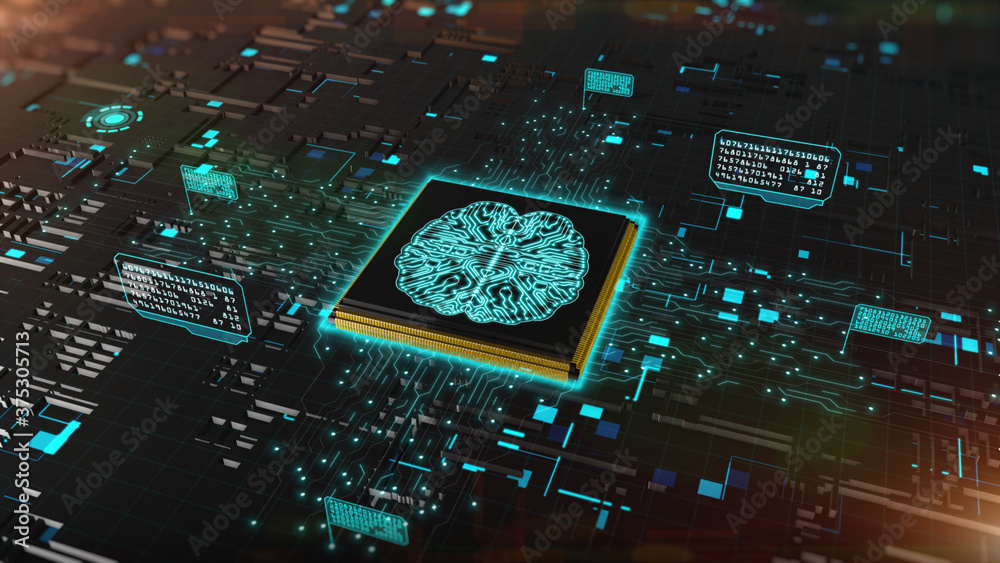Poster 3d render digital of computer chip over circuit background with ai (artificial intelligence) concept