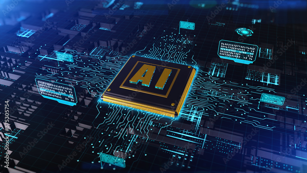 Poster 3d render digital of computer chip over circuit background with ai (artificial intelligence) concept