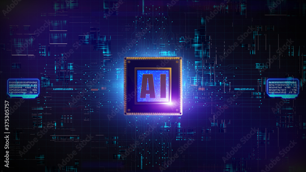 Poster 3d render digital of cpu processors over circuit background with ai (artificial intelligence) concep