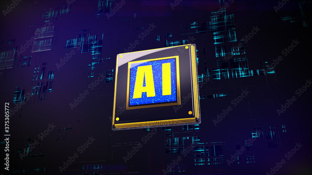Poster 3d render digital of cpu processors over circuit background with ai (artificial intelligence) concep