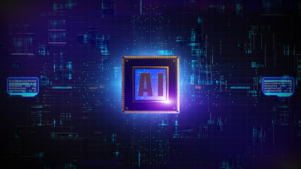 3D render digital of CPU processors over circuit background with AI (Artificial Intelligence) concept, High-speed connection data analysis, Future Technology digital background.