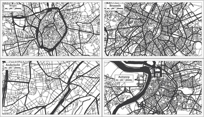 Anderlecht, Brussels, Bruges and Antwerp Belgium City Maps Set in Black and White Color.
