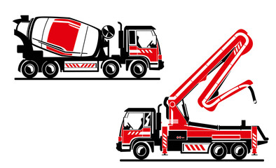 Fototapeta na wymiar Concrete truck and truck with concrete pump two colors vector illustration. Heavy machinery, concrete builders.