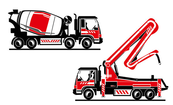 Concrete truck and truck with concrete pump two colors vector illustration. Heavy machinery, concrete builders.